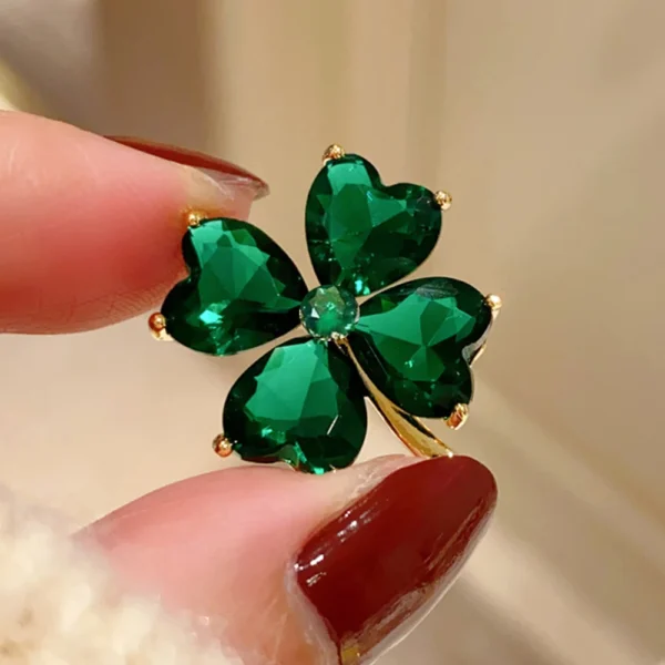 Delicate Green Crystal Lucky Four Leaf Clover Brooches