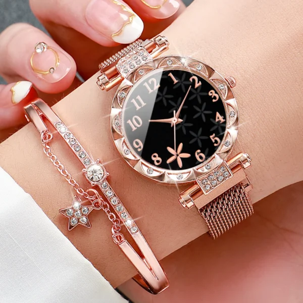 2PCS/Set Fashion Flower Dial Women's Watch Magnet Buckle Mesh Band Quartz Watches Star Bracelet Set(Without Box) - Image 3