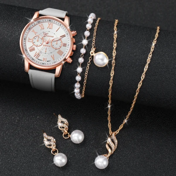 5PCS/Set Women's Watch Fashion Roma Dial Leather Band Quartz Watches Pearls Jewelry Set(Without Box) - Image 2