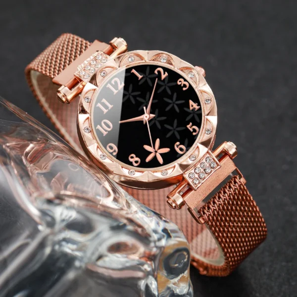 2PCS/Set Fashion Flower Dial Women's Watch Magnet Buckle Mesh Band Quartz Watches Star Bracelet Set(Without Box) - Image 4