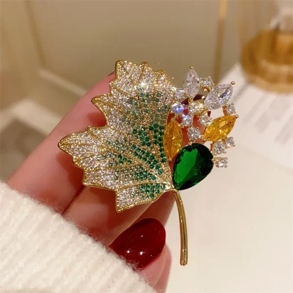 Vintage Green Crystal Maple Leaves Brooches - Image 2