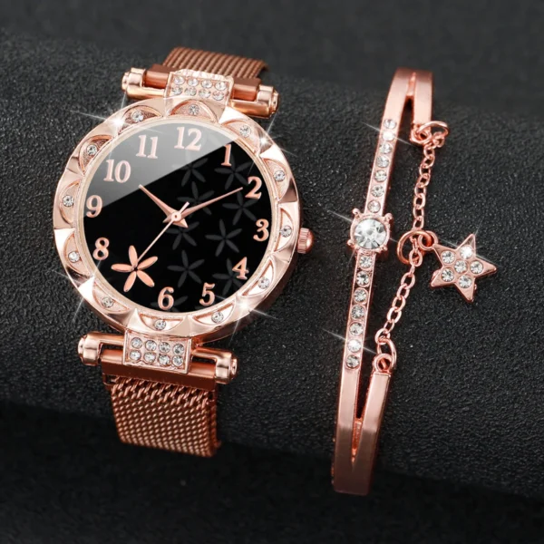 2PCS/Set Fashion Flower Dial Women's Watch Magnet Buckle Mesh Band Quartz Watches Star Bracelet Set(Without Box) - Image 7