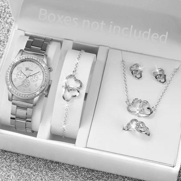 6PCS/Set Women's Watch Fashion Rhinestone Stainless Steel Band Quartz Watch Double Heart Jewelry Set(Without Box) - Image 3