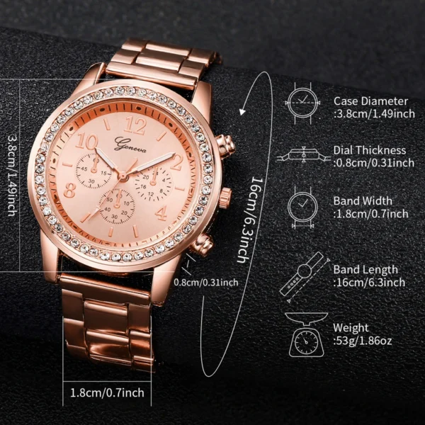 6PCS/Set Women's Watch Fashion Rhinestone Stainless Steel Band Quartz Watch Double Heart Jewelry Set(Without Box) - Image 6