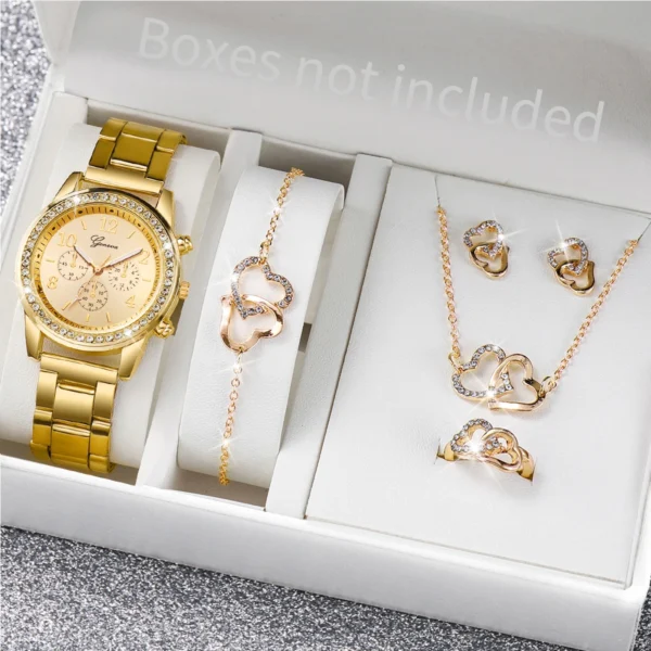 6PCS/Set Women's Watch Fashion Rhinestone Stainless Steel Band Quartz Watch Double Heart Jewelry Set(Without Box) - Image 2