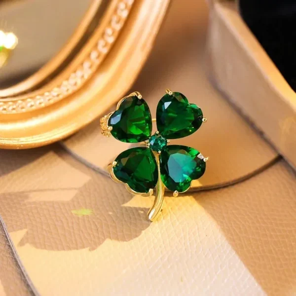 Delicate Green Crystal Lucky Four Leaf Clover Brooches - Image 5