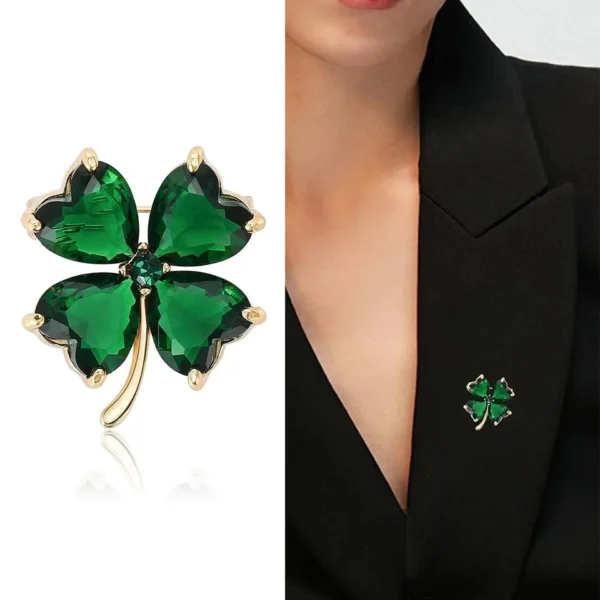 Delicate Green Crystal Lucky Four Leaf Clover Brooches - Image 2