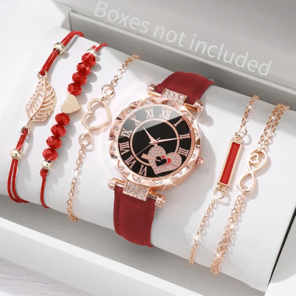 6PCS/Set Women's Watch Fashion Roma Heart Dial Leather Band Quartz Watches Leaf Bracelets Set(Without Box) - Image 7