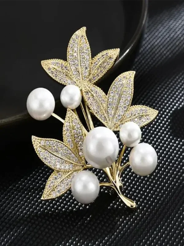 Pearl Maple Leaf Rhinestone Brooches