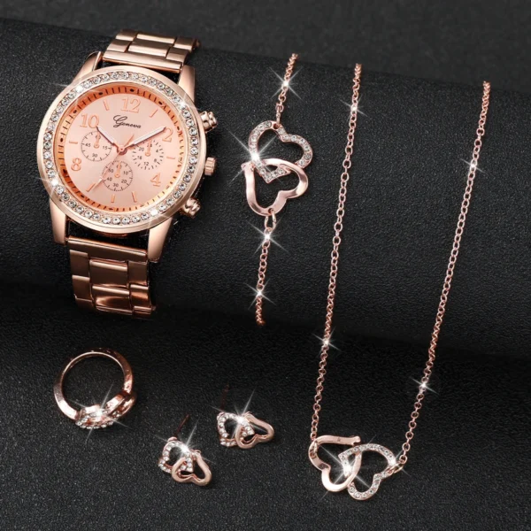 6PCS/Set Women's Watch Fashion Rhinestone Stainless Steel Band Quartz Watch Double Heart Jewelry Set(Without Box) - Image 4