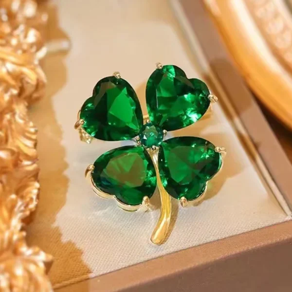 Delicate Green Crystal Lucky Four Leaf Clover Brooches - Image 3