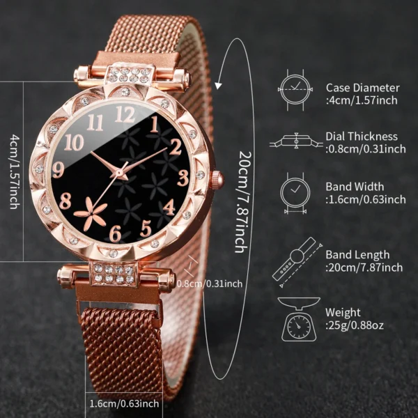 2PCS/Set Fashion Flower Dial Women's Watch Magnet Buckle Mesh Band Quartz Watches Star Bracelet Set(Without Box) - Image 5